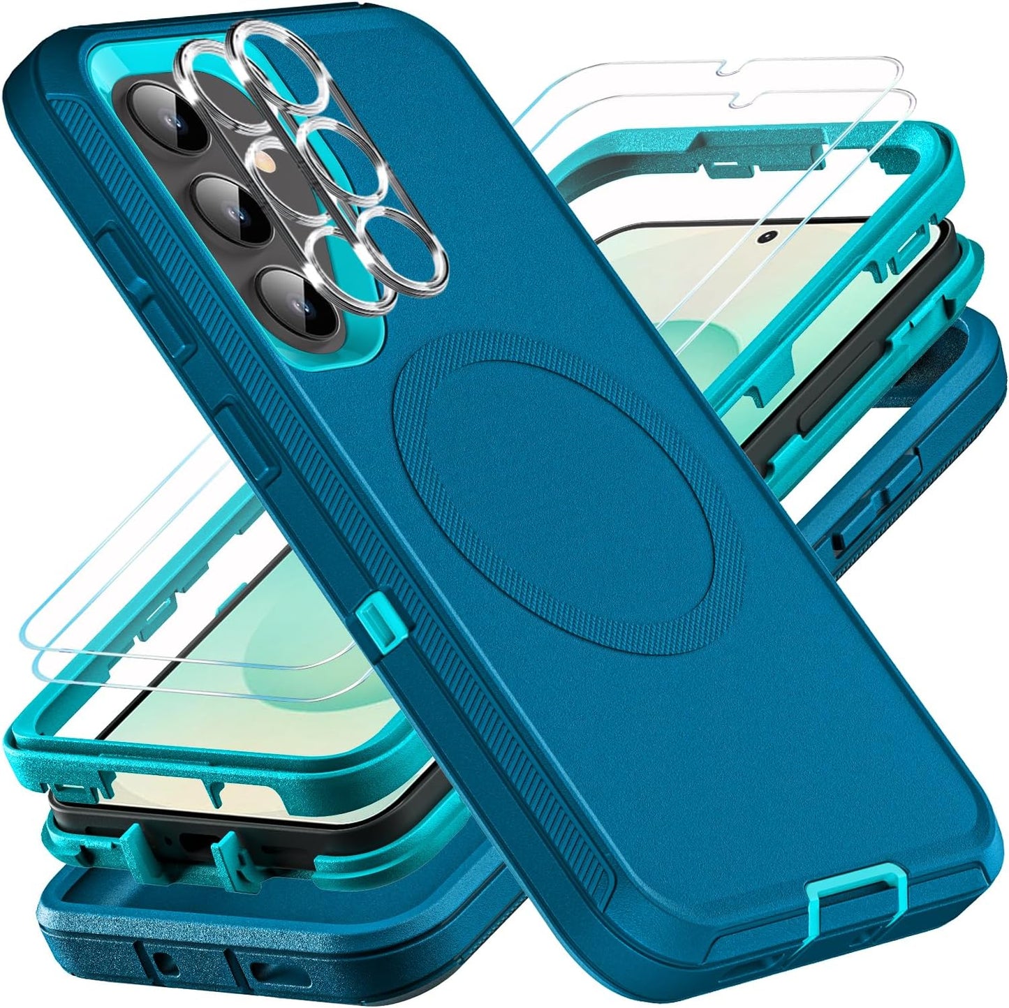 for Samsung Galaxy S25 Plus Case, Compatible with Magsafe, Military Grade 3 in 1 Heavy Duty Case with 2Pcs Tempered Glass Screen Protector & Camera Lens Protector (New-Blue/Turquoise)