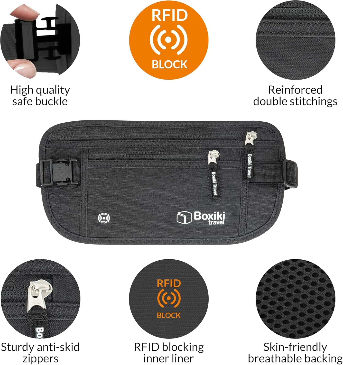 Boxiki Travel Money Belt with RFID Sleeves Set - Secure Travel Pouch and RFID Card Holder to Protect Cash, Credit Cards and Travel Documents for Men and Women