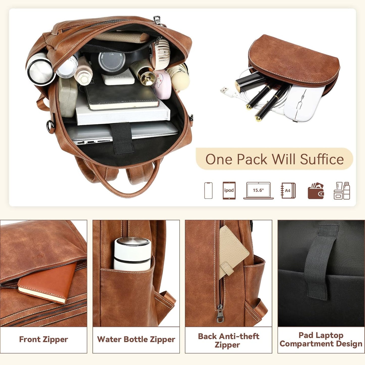 Vegan Leather Laptop Backpack for Women 15.6 Inch Work Backpack Purse for Travel College