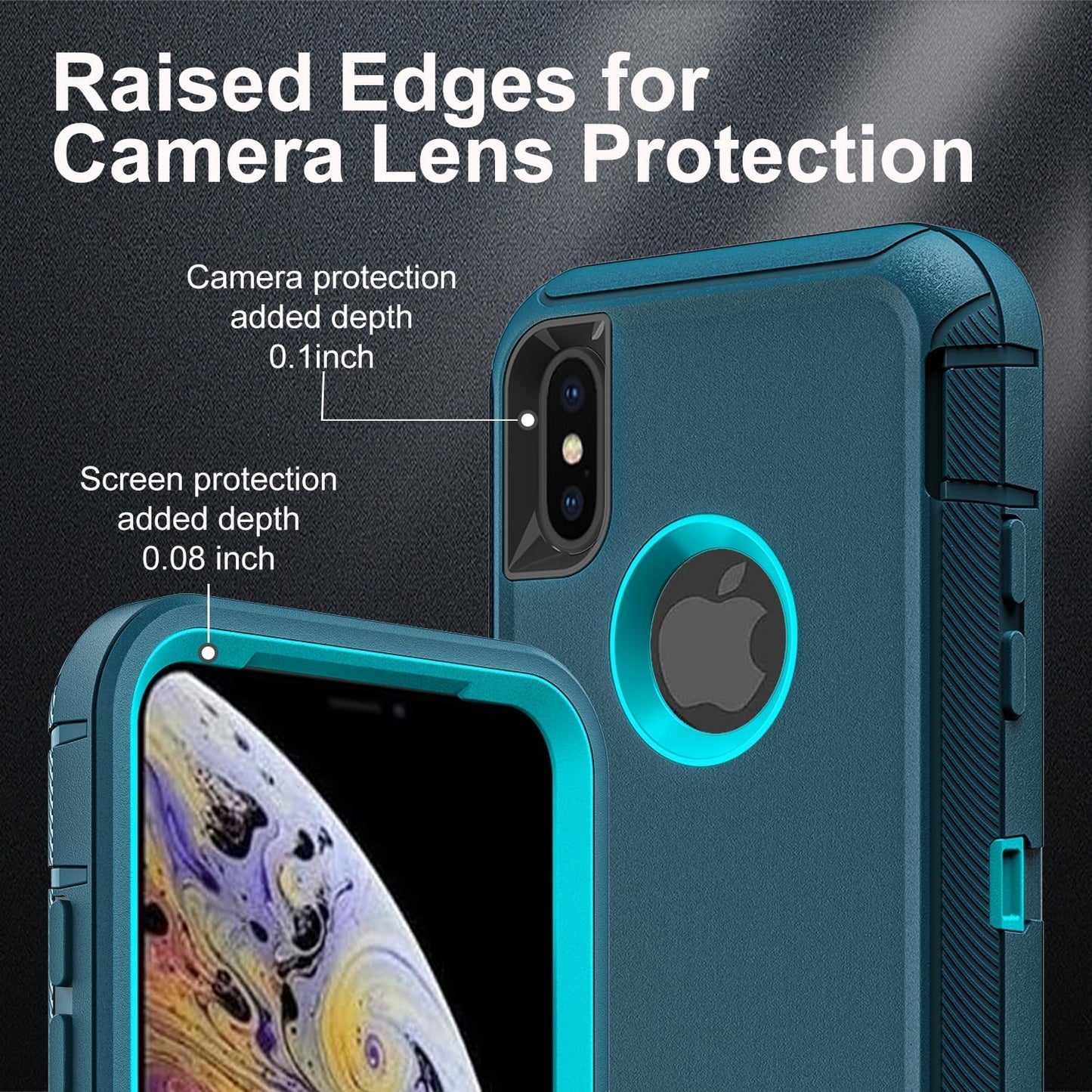 for iPhone Xs Max Case, Military Grade 3 in 1 Heavy Duty Shockproof/Drop Proof/Dust Proof Case with 2Pcs Tempered Glass Screen Protector (Blue/Turquoise)