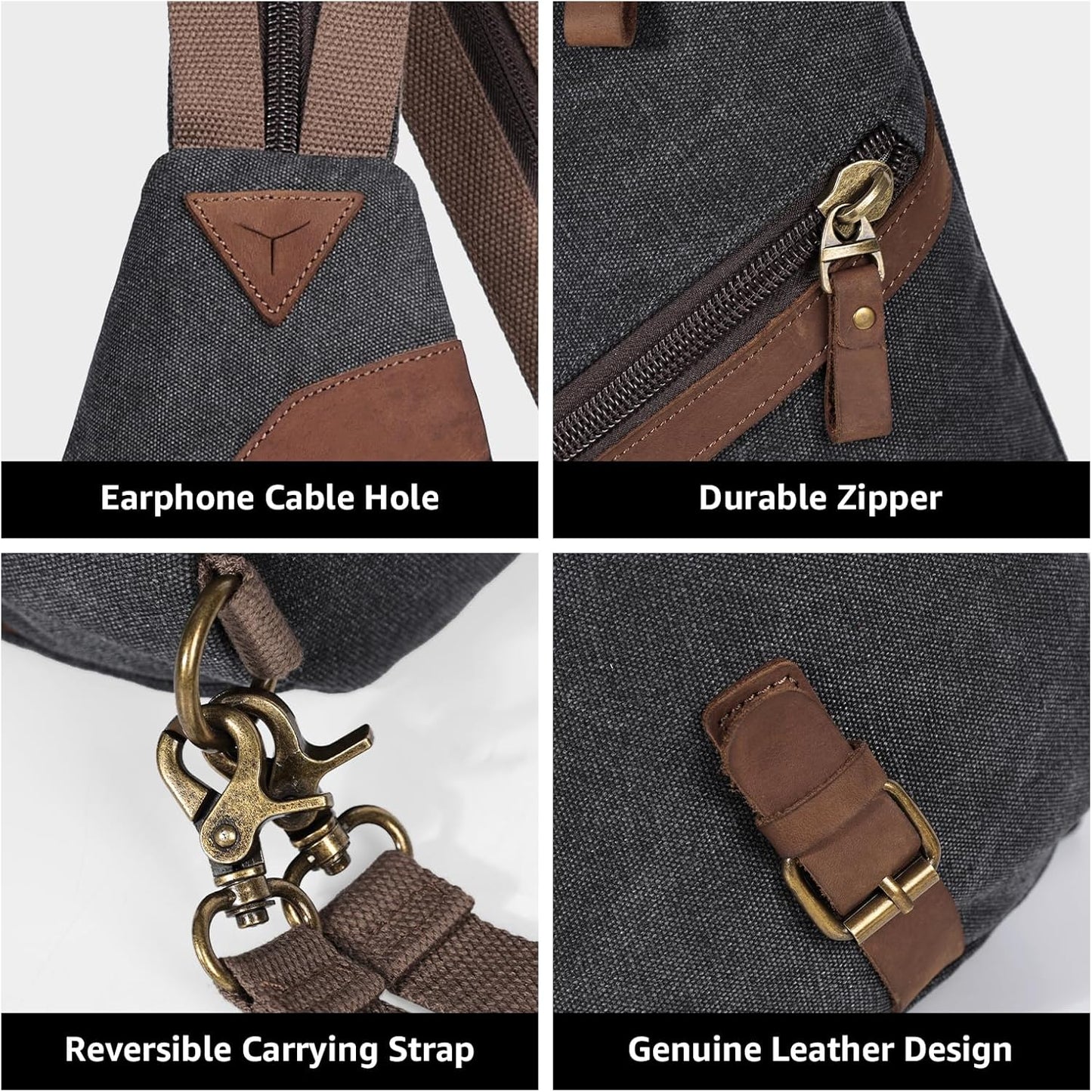 KL928 Canvas Sling Bag for Men Women, Genuine Leather Design Shoulder Crossbody Bags Backpacks Travel Daypack with Earphone Hole Rucksack, Black