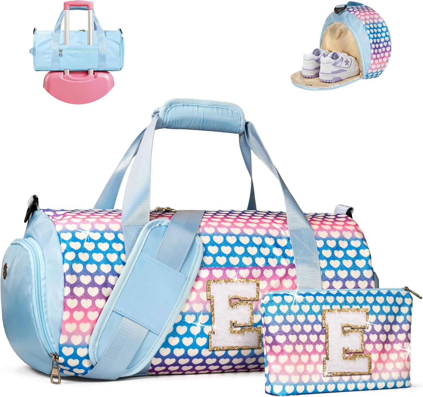 Gift for Grandkids, Girls Travel Duffel Bag, Kids Initial Overnight Bags with Shoe Compartment, Initial Duffle Bag with Makeup Pouch, 10 Year Old Girl Birthday Gifts (Letter E)