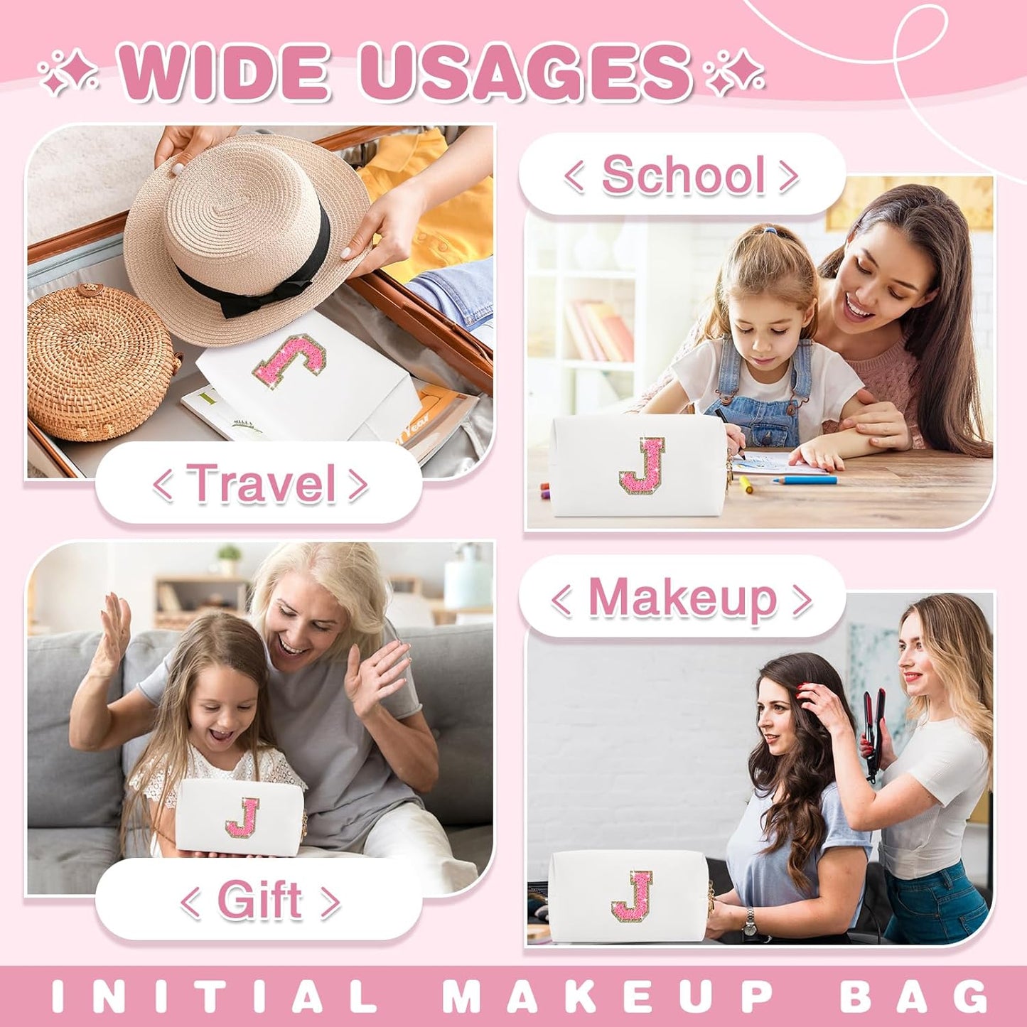 Small Personalized Initial A-Z Patch Makeup Bag,White Cute PU Leather Glitter Letter Cosmetic Bag for Teen Girls,Travel Toiletry Bag with Zipper,Preppy Monogrammed Birthday Gift for Daughter Niece J