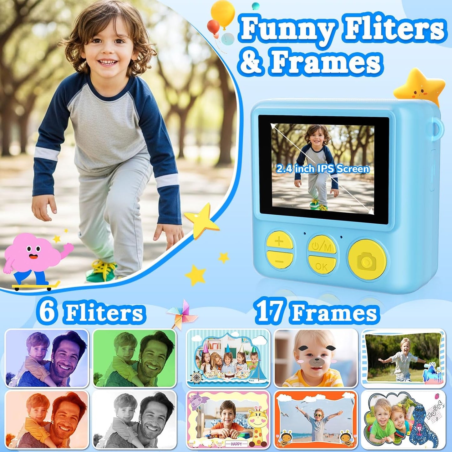 Instant Print Camera for Kids, Kids Cameras Ages 3-12, Digital Toy for Girls & Boys, Christmas and Birthday Gift, Portable HD Video Recorder with 32GB SD Card (Blue)