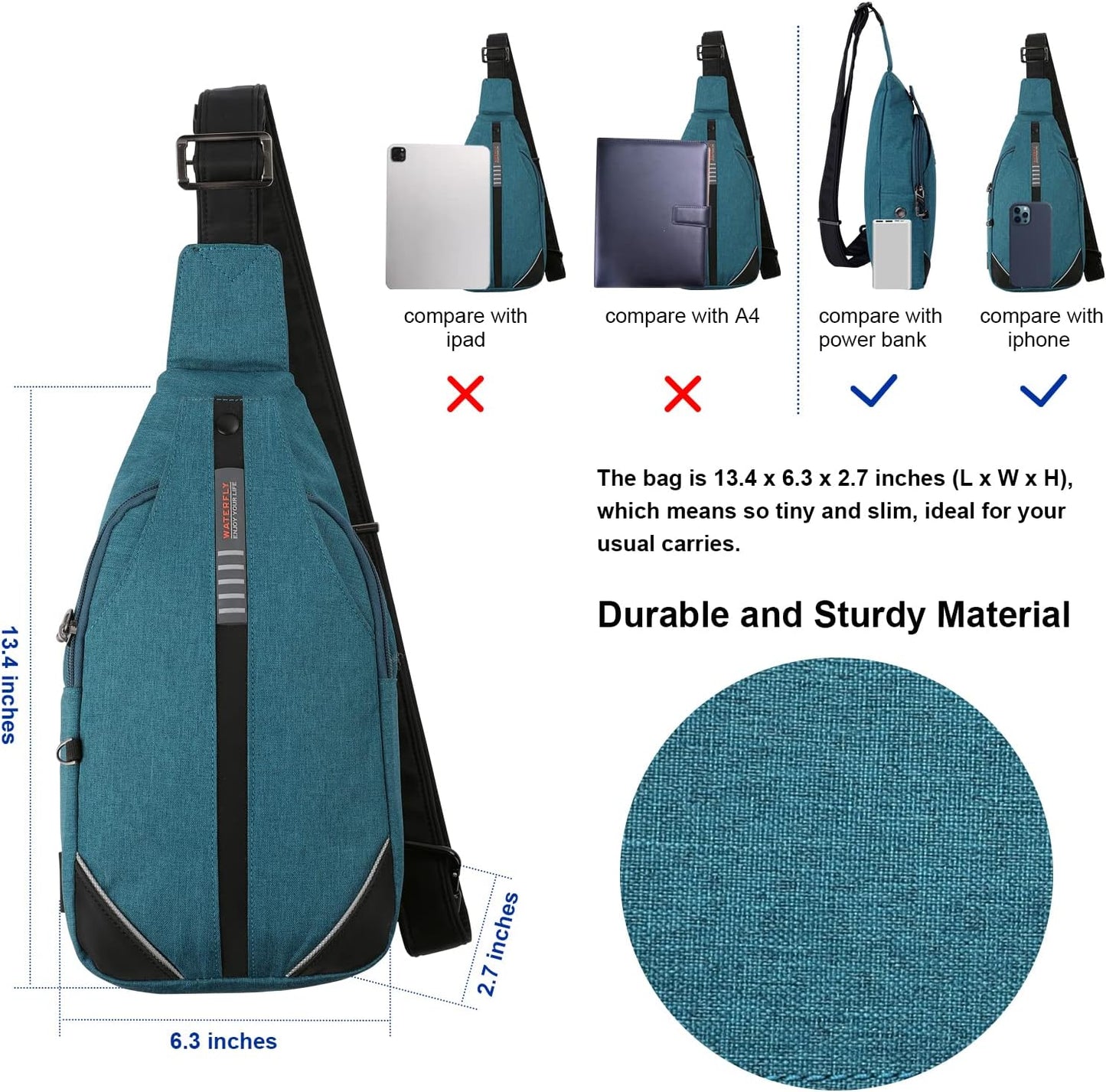 WATERFLY Tiny Crossbody Sling Backpack Anti Theft Backpack for Traveling Chest Shoulder Bag (Teal Blue)