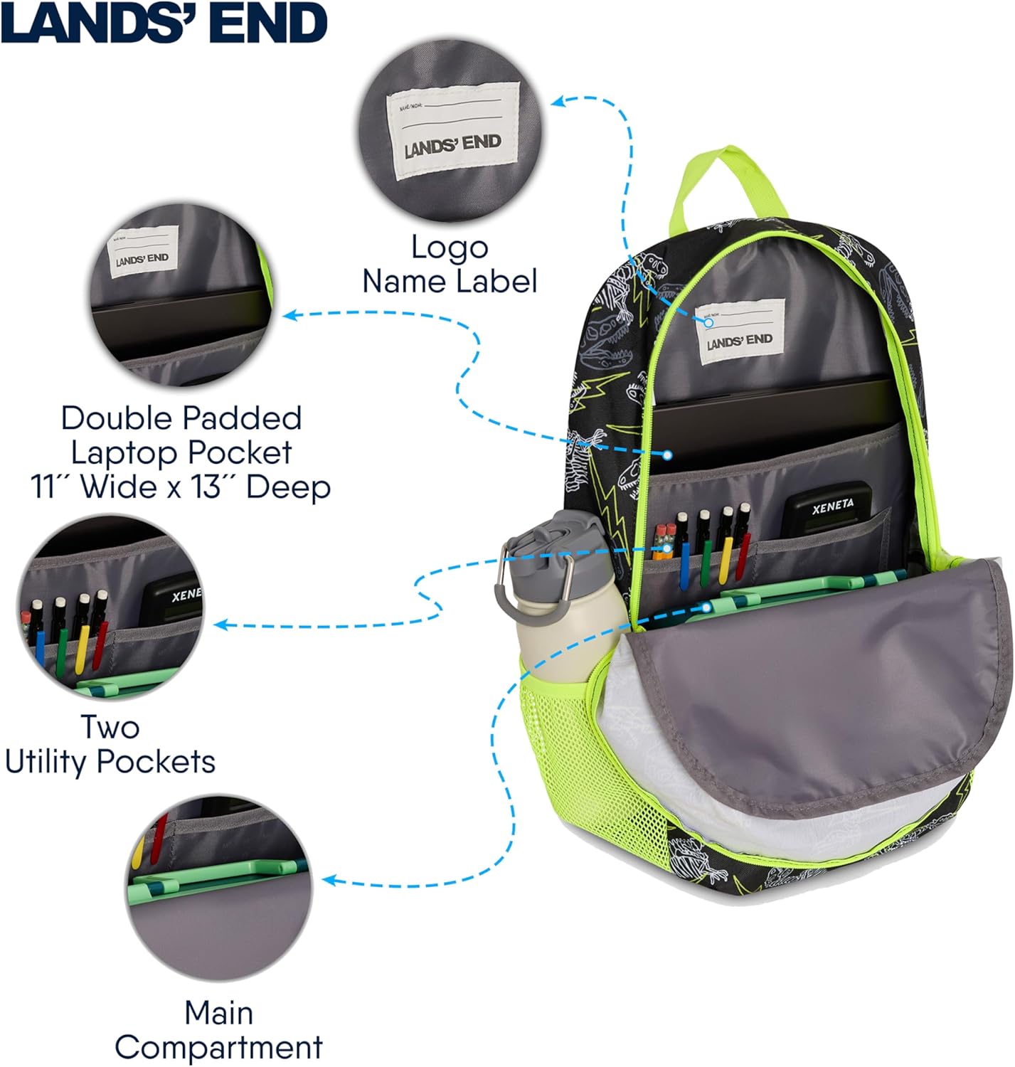 Lands' End Unisex Kids Medium ClassMate Lightweight Durable Elementary School Backpack, Black Highlight