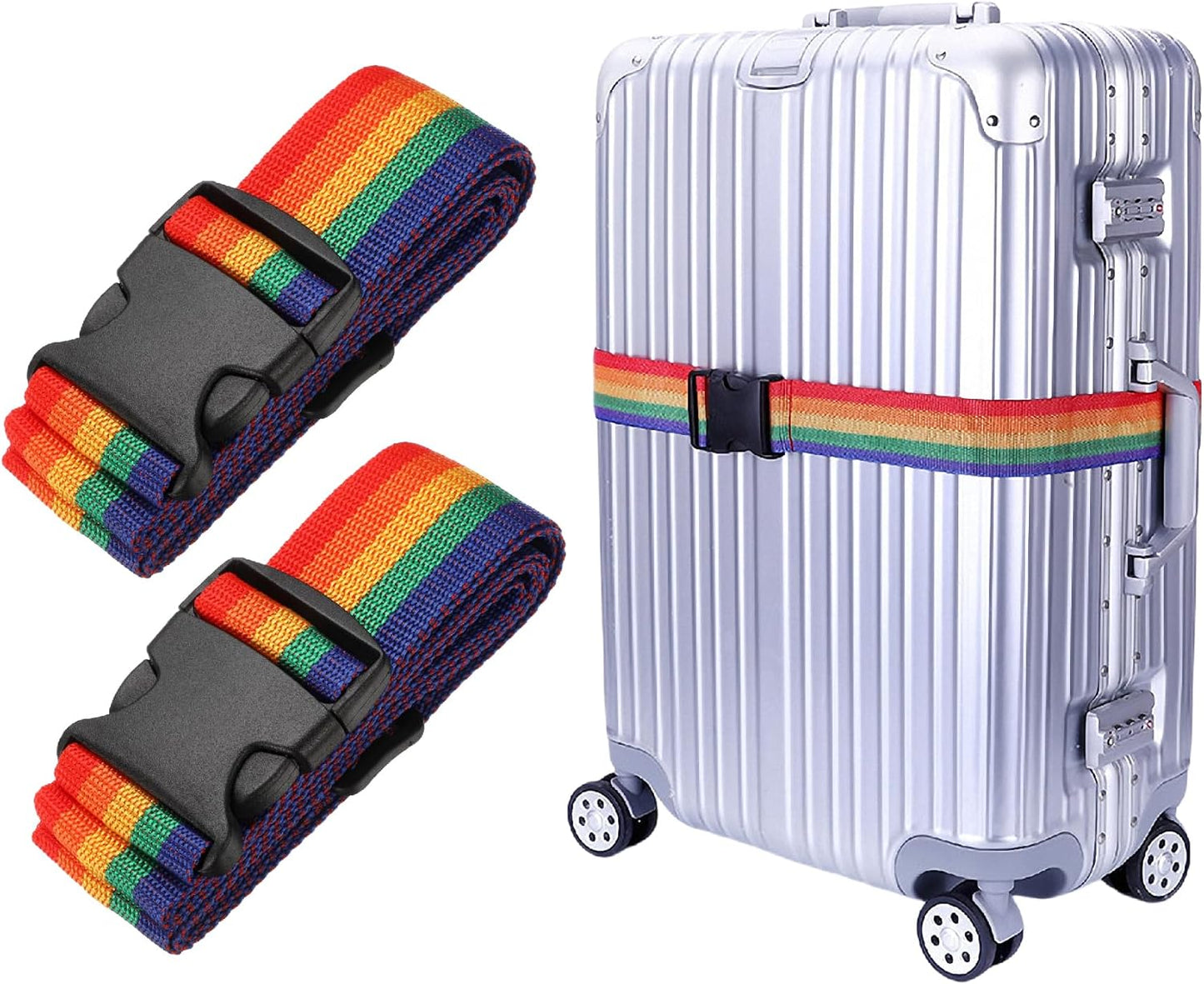 Nylon Luggage Straps for Suitcase Security Identification Accessories,Heavy Duty Packing Belt with Buckle Adjustable Length for 20"-34" Size Travel Case, 2 Packs Rainbow Colors 2M Length