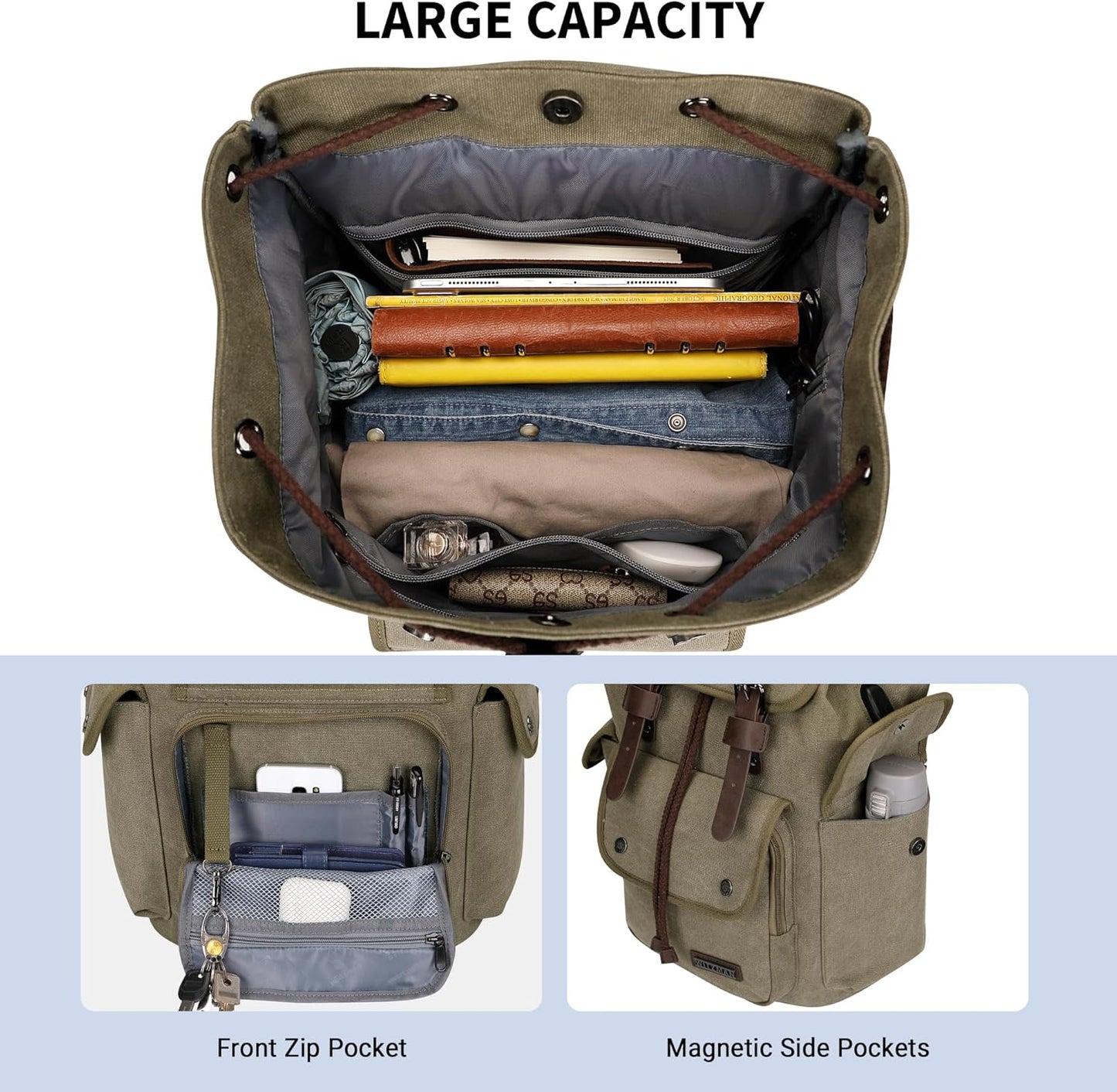 WITZMAN Canvas Backpack for Men Vintage Rucksack Fit 15.6 inch Laptop Backpack Travel High Capacity