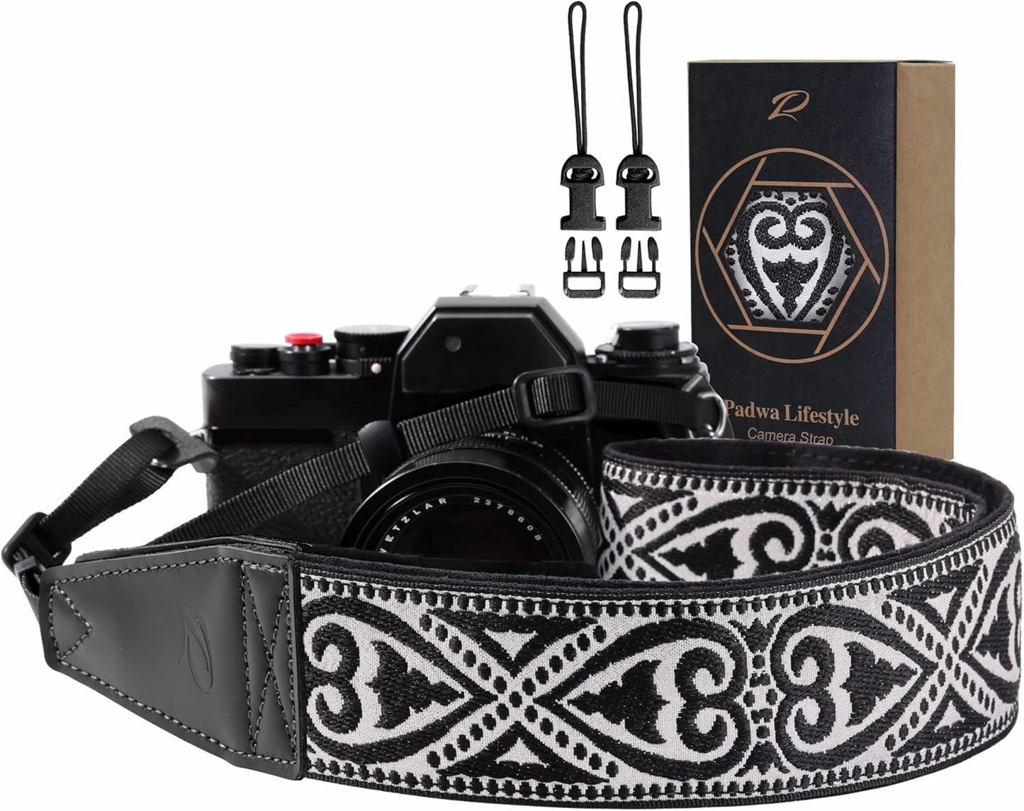 Padwa Lifestyle Camera Strap - 2" Full Grain Leather Ends Camera Straps for Photographers, Vintage Silver Embroidered Cotton Weave Soft Suede Fabric Padded Strap Quick Release fits All Cameras