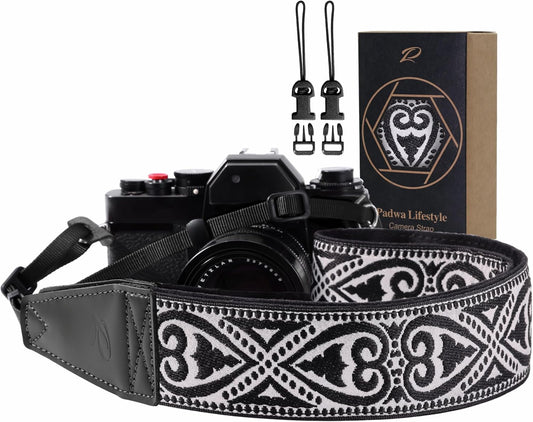 Padwa Lifestyle Camera Strap - 2" Full Grain Leather Ends Camera Straps for Photographers, Vintage Silver Embroidered Cotton Weave Soft Suede Fabric Padded Strap Quick Release fits All Cameras