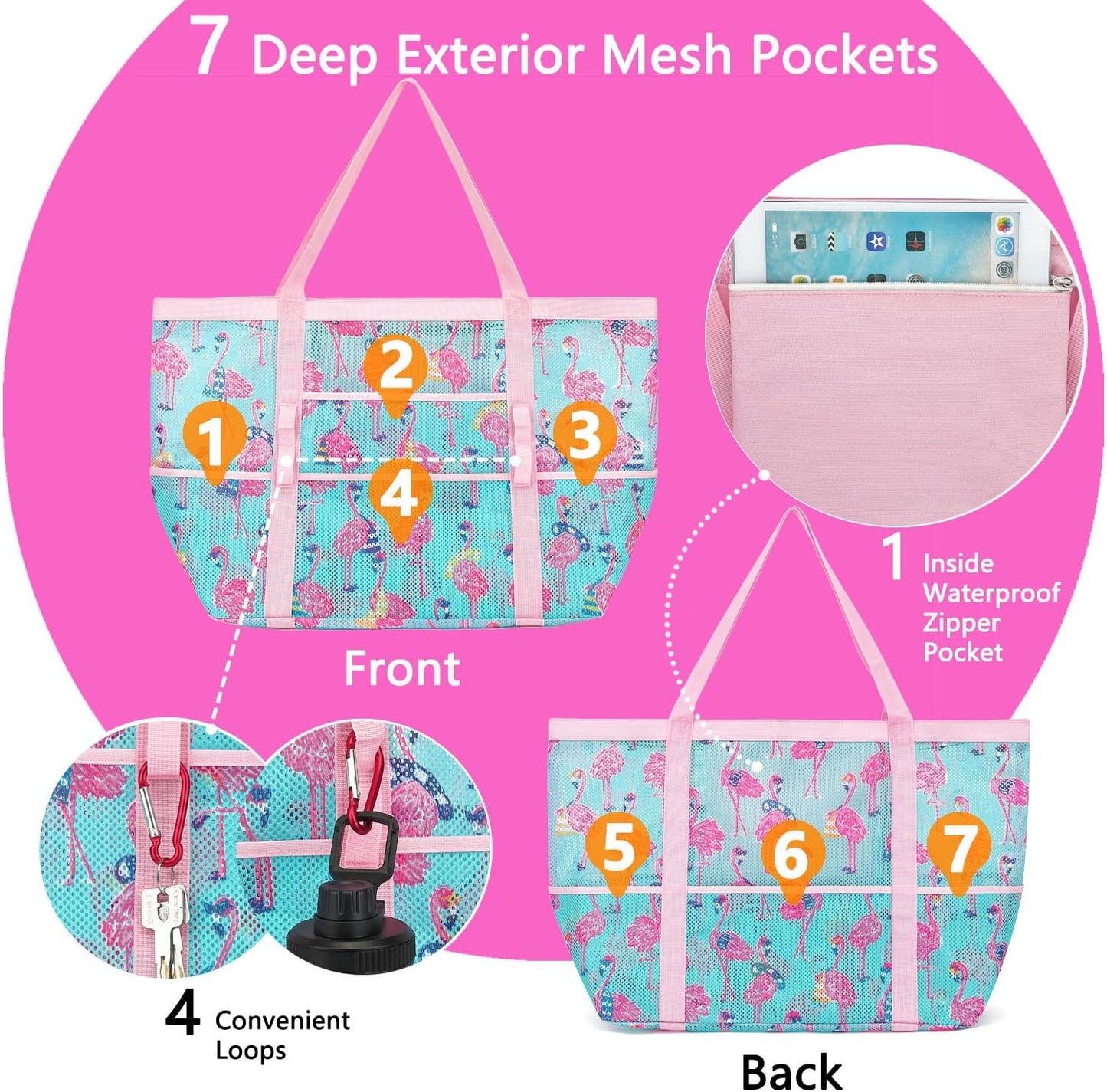 Mesh Beach Bag, Large Beach Tote with Zipper Pocket for Family Pool Bag for Toys & Vacation