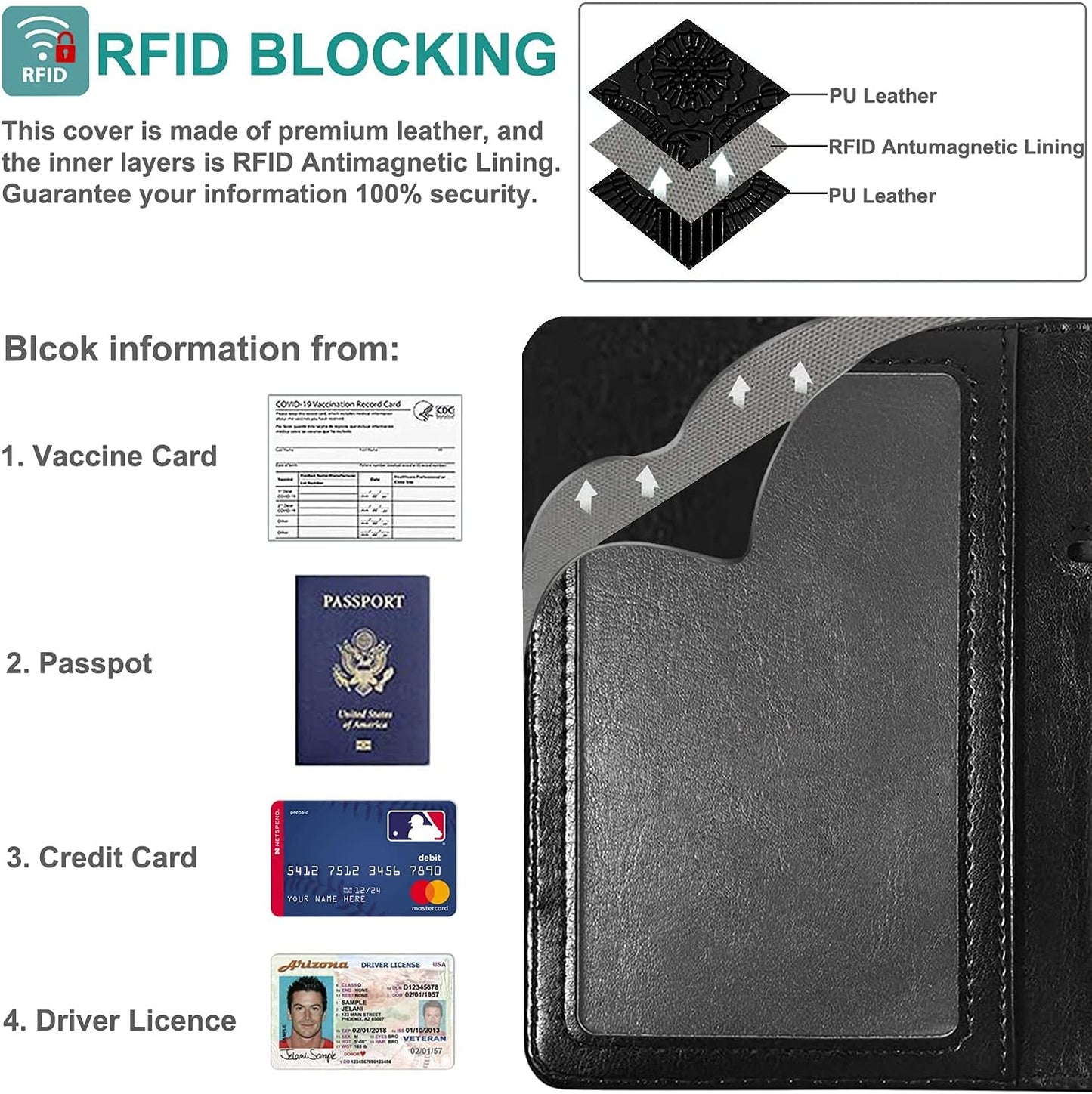 RSAquar Unisex Faux Leather Passport and Vaccine Card Holder Combo, Black, Slim and Lightweight with RFID Blocking Technology