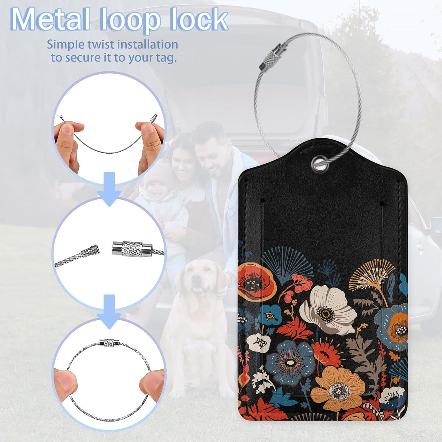 Set of 3 Luggage Tags,Colorful Flowers Spring Leather Suitcases Tag Identifiers with Privacy Name Address Labels & Durable Steel Loop for Women Men Travel