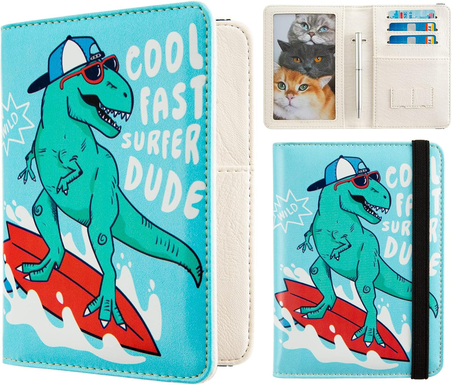 passport Holder,Rfid Blocking Travel Wallet Credit Card Case Cute Passport cover for Women/Men,Boys Girls Travel Essentials (Surfer Dinosaur)