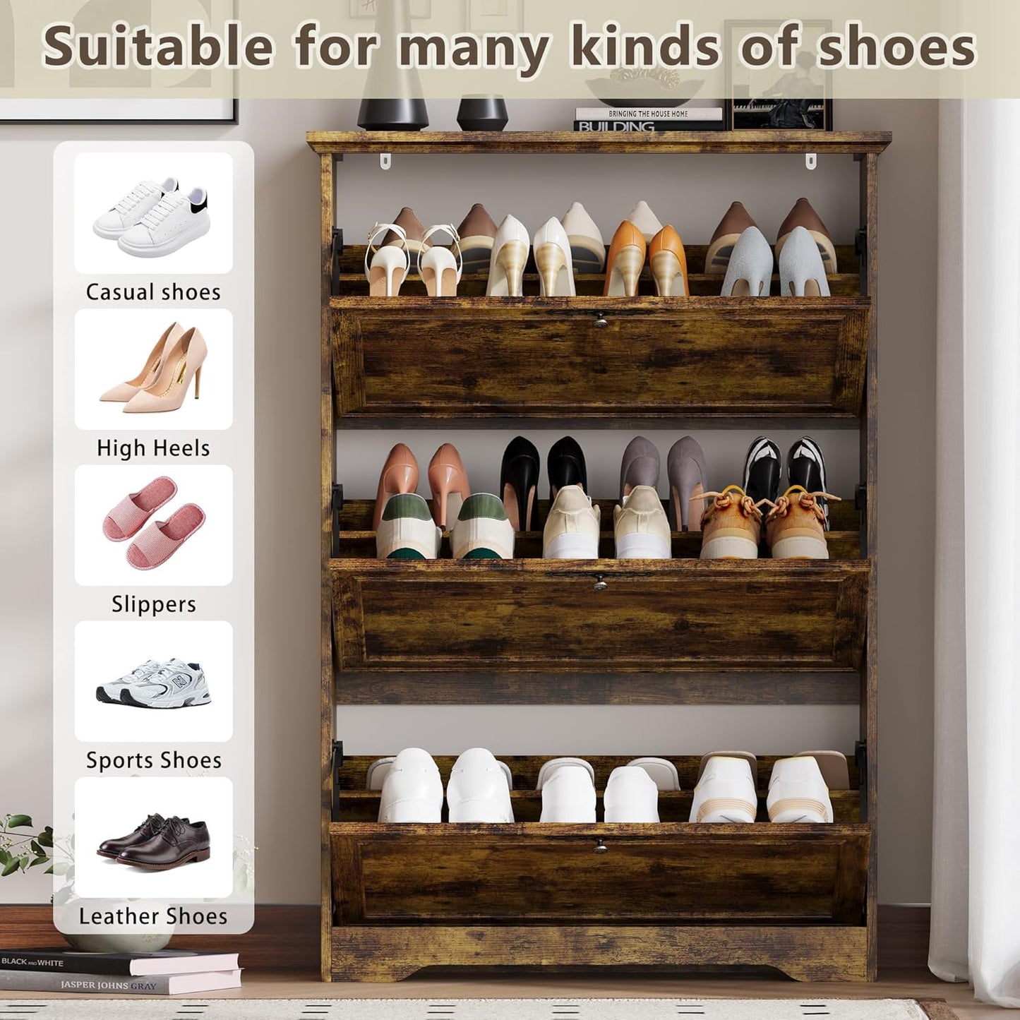 3 Flips Shoe Cabinet for Entryway, Narrow Shoe Storage Cabinet with Adjustable Shelves, Wooden Space-Saving Organizer and Rack for Foyer, Closet, Hallway