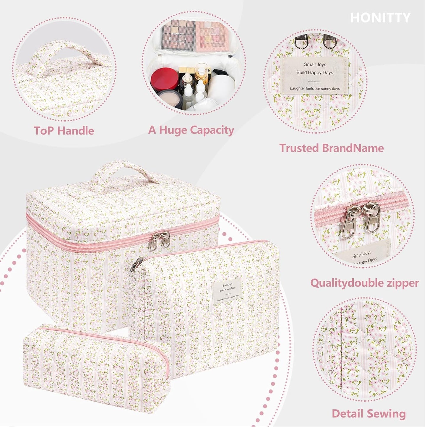 Makeup Bag,Quilted Cosmetic Bags,Large Floral Make Up Organize bag,Makeup Bag Set for Women,Flower