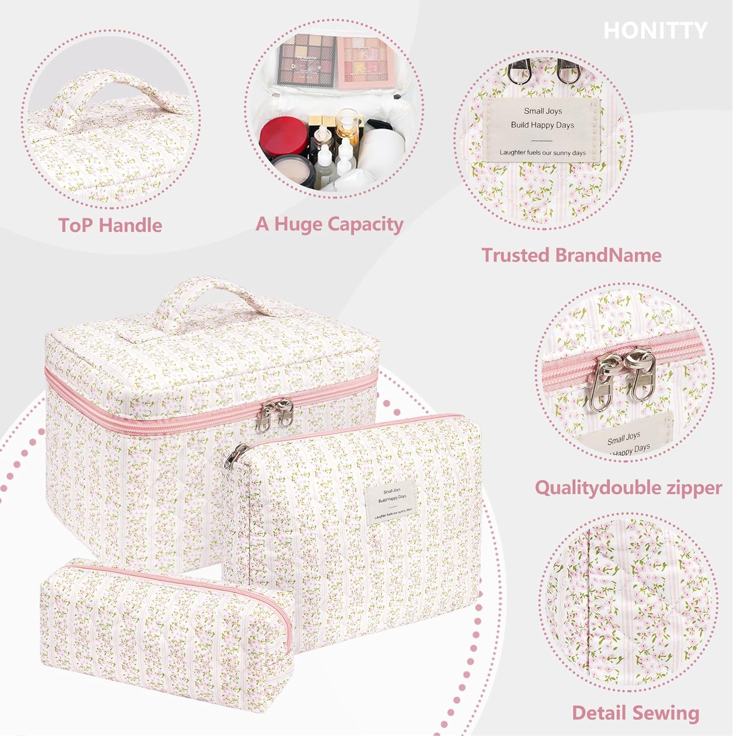 Makeup Bag,Quilted Cosmetic Bags,Large Floral Make Up Organize bag,Makeup Bag Set for Women,Flower