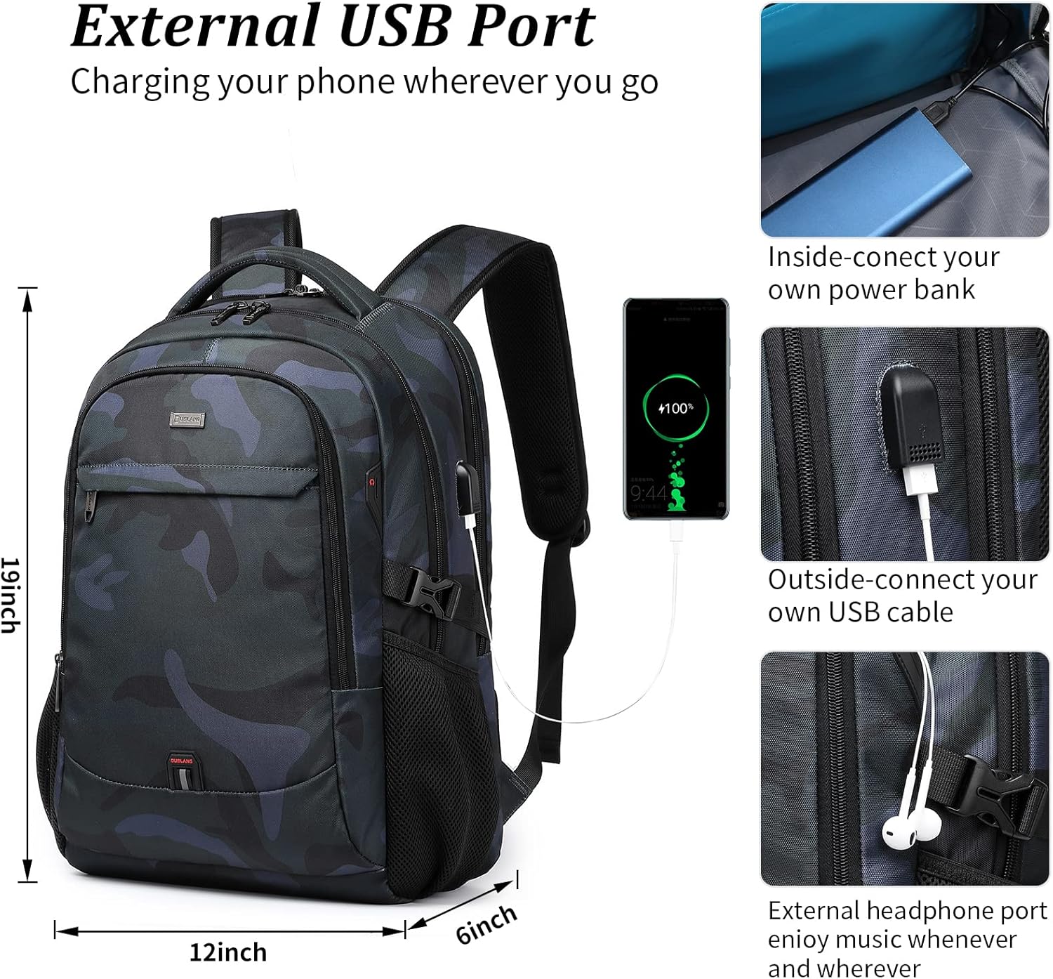 DUSLANG 17 Inch Travel Laptop Backpack Water Resistant Hiking Backpack for Men Laptop Bag with USB