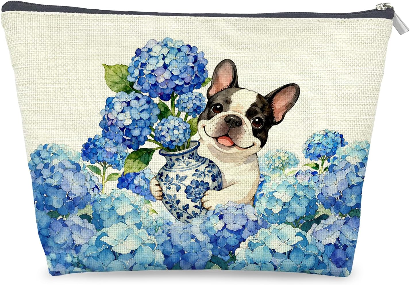 Chinoiserie Hydrangea French Bulldog Makeup Bag Gifts for Women, French Bulldog Lover Gifts Cosmetic Bag, Grandmillennial Floral Frenchie Dog Zipper Makeup Pouch Travel Toiletry Bag