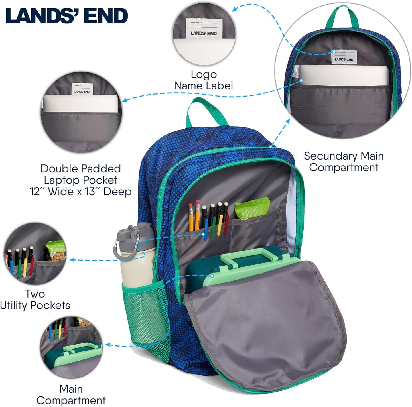 Lands' End Unisex Kids Large ClassMate Lightweight Durable Elementary School Backpack, Nicci