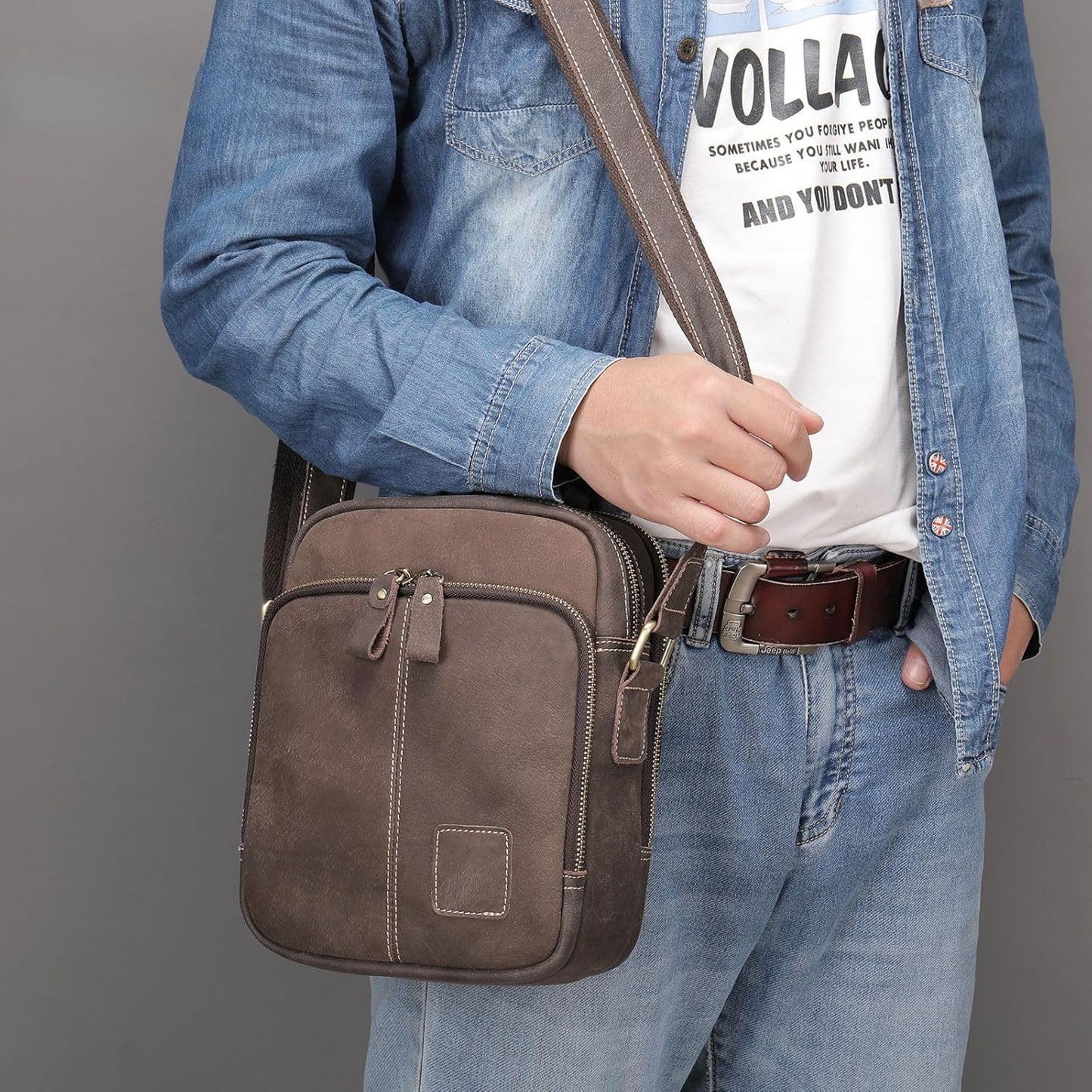 Genuine Leather Shoulder Bag for Men Crossbody Sling Bag Adjustable Small Messenger Purse Travel Work Business bag