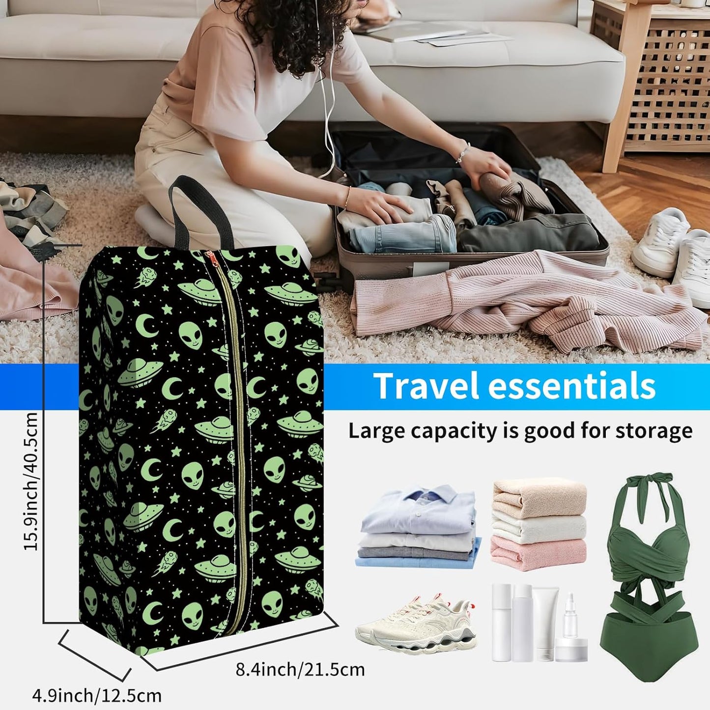 2pcs Shoe Organizer for Travel, Packing Shoe Travel Bags, Cute Shoe Bag with Zipper & Handle, Portable Travel Essentials for Women and Men Alien Spaceship