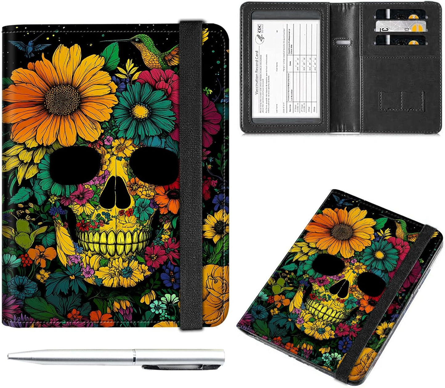 Passport and Vaccine Card Holder Cover Combo,Travel Passport Holder Wallet with RFID Blocking, Leather Vaccine Card Slot Passport Cover Case for Women & Men,Colorful Skull and Floral