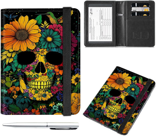 Passport and Vaccine Card Holder Cover Combo,Travel Passport Holder Wallet with RFID Blocking, Leather Vaccine Card Slot Passport Cover Case for Women & Men,Colorful Skull and Floral