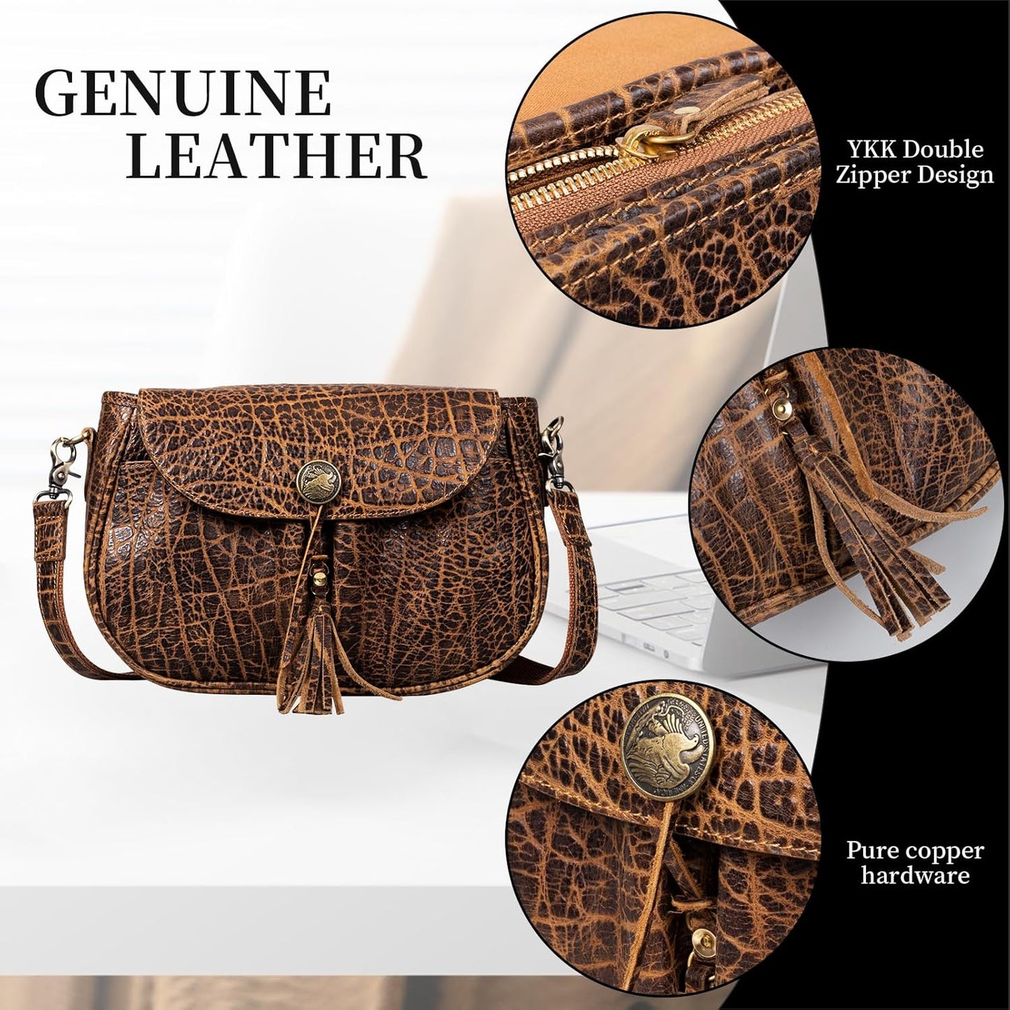 Gexmil Full Grain Leather Cross Body Bag for Women Men, Messenger Bag with Zipper Closure, Vintage Handmade Satchel