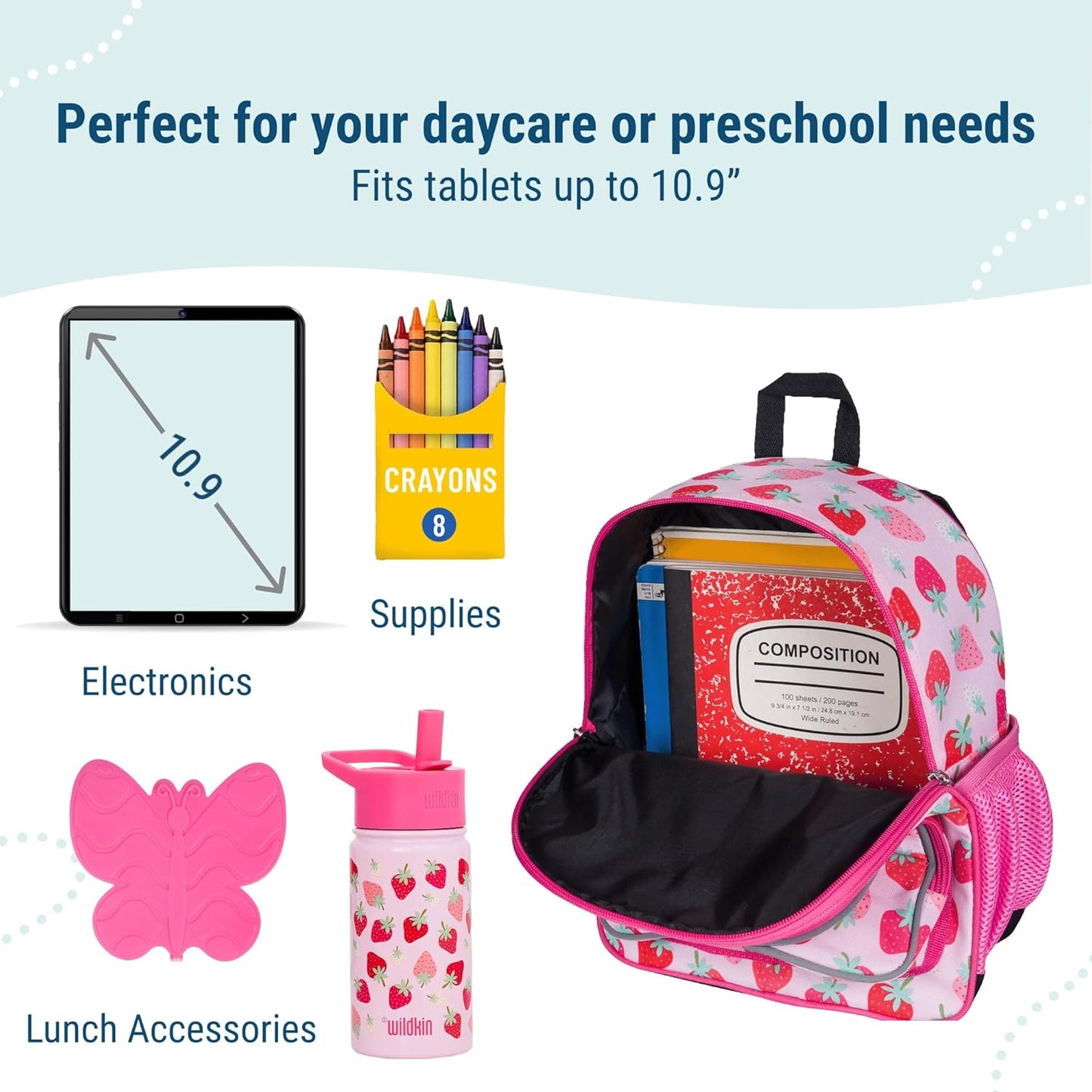 Wildkin 12-inch Kids Backpack – Padded, Adjustable, Ideal for Daycare & Travel - Strawberry Patch
