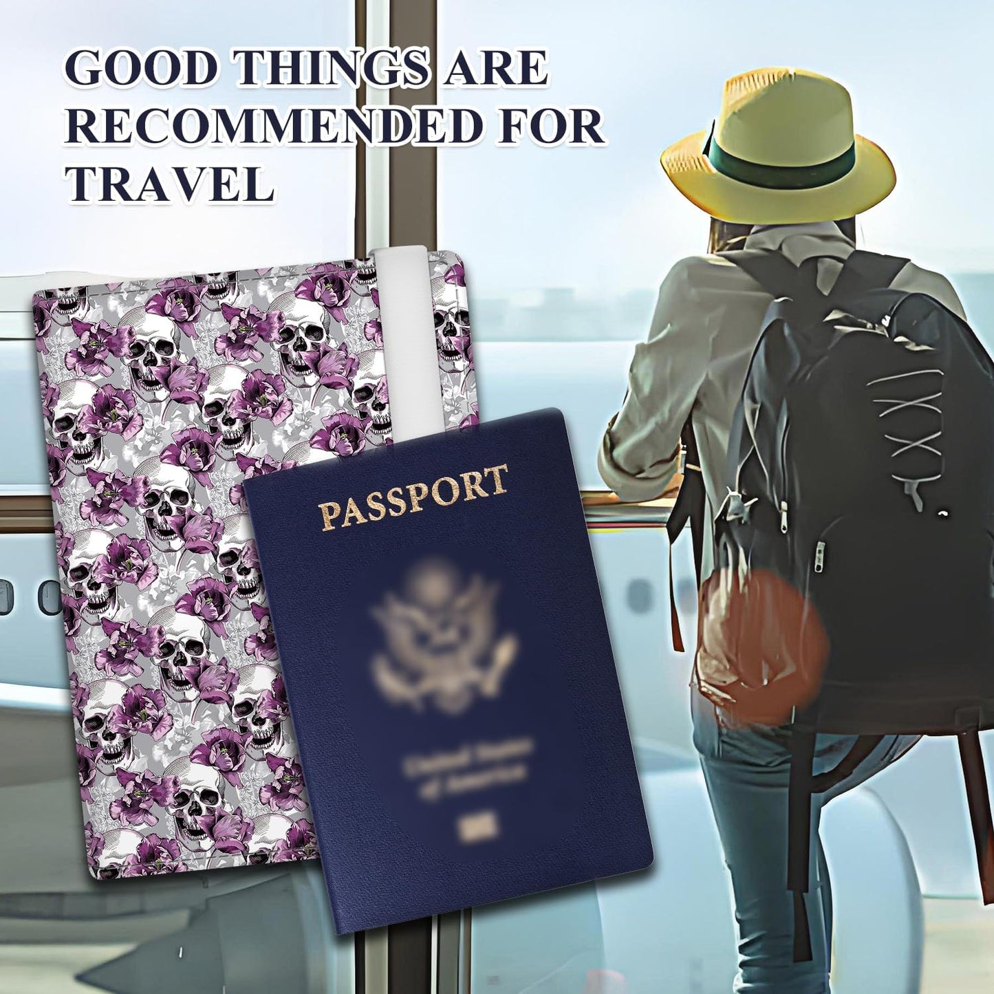 Passport Holder for Travel Essentials, RFID Premium Leather Passport Wallet Cover Case for Travel Must Haves Accessories, Passport Book Holders for Women Men Luxury Flower Skulls
