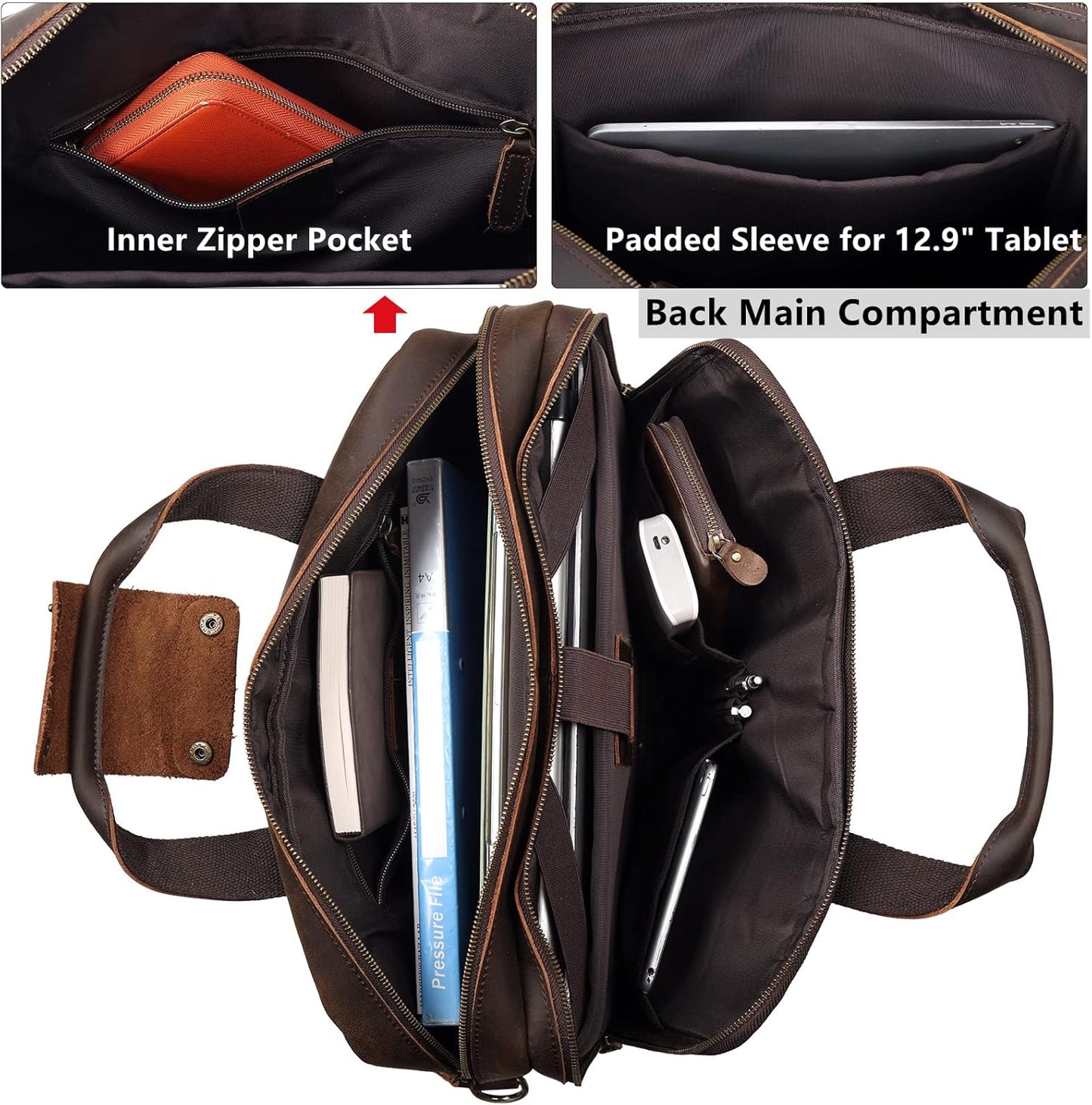 Masa Kawa Leather Briefcase for Men 15.6" Laptop Crossbody Shoulder Messenger Bag Vintage Brown Business Travel Office Work Computer Attache Case