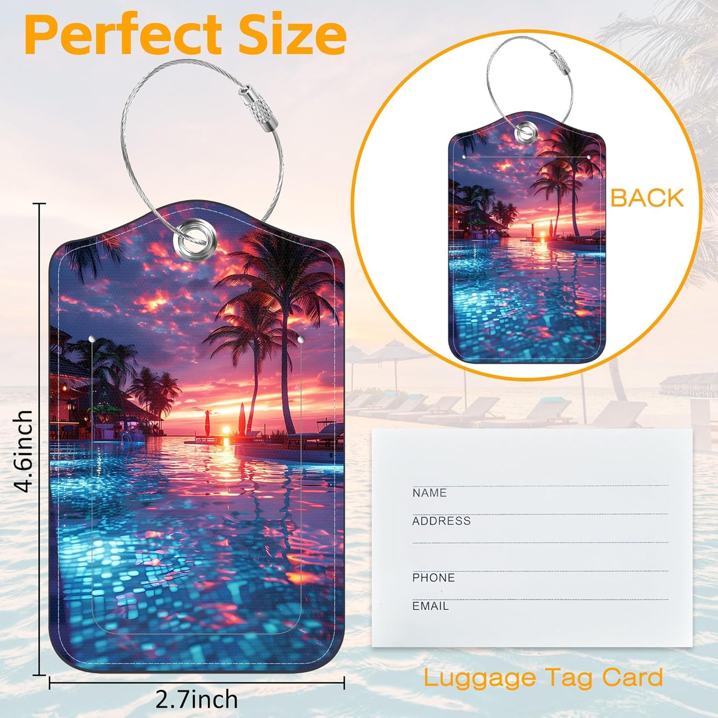 3 Pack PU Leather Luggage Tag for Suitcase Sunset Palm Tree Swimming Pool Suitcase Tags with Privacy Name ID Label and Stainless Steel Loop for Travel Bag