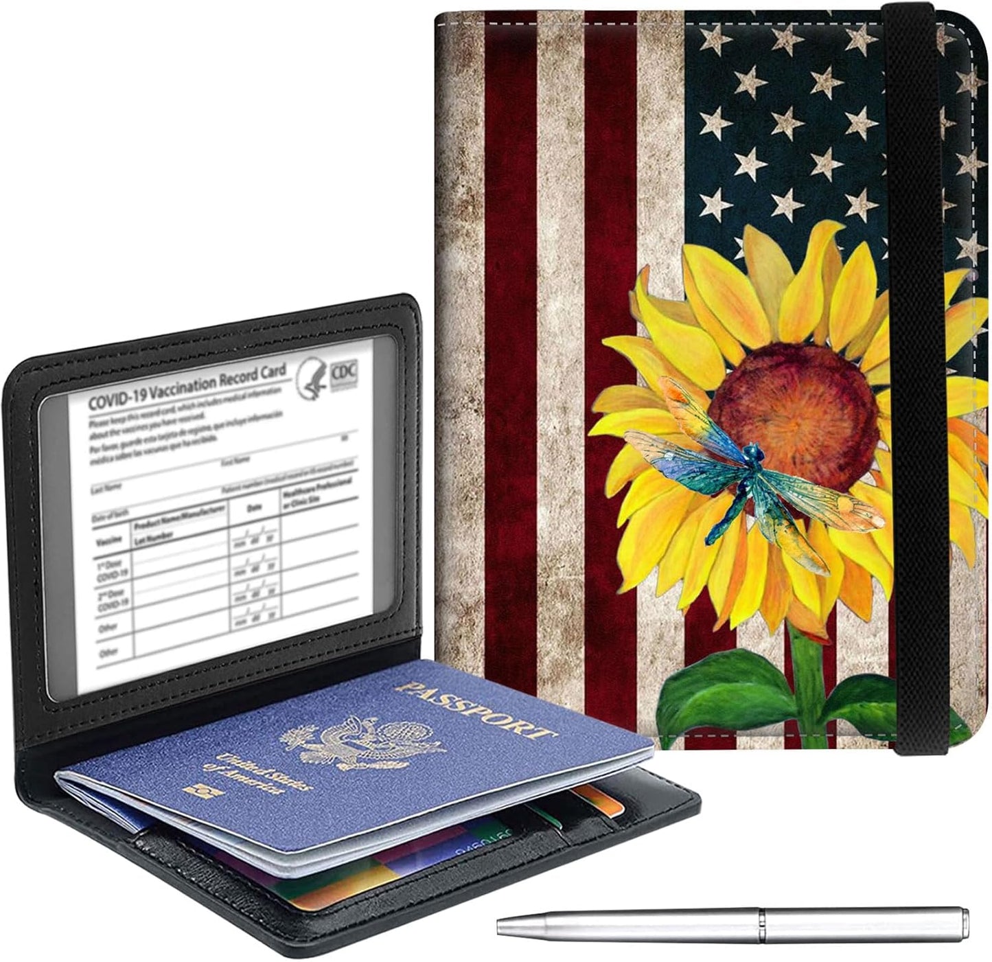 Passport Holder Cover Wallet Travel Essentials RFID Blocking Case Leather Passport Cover Wallet Vaccine Card Slot Organizer for Men Women, Flag Sunflower