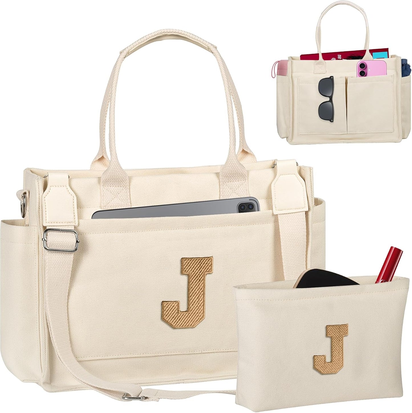 Gifts for Women Teen Girls, Initial Tote Bag with Zipper, Letter Canvas Tote Purse for College Work Laptop Beach
