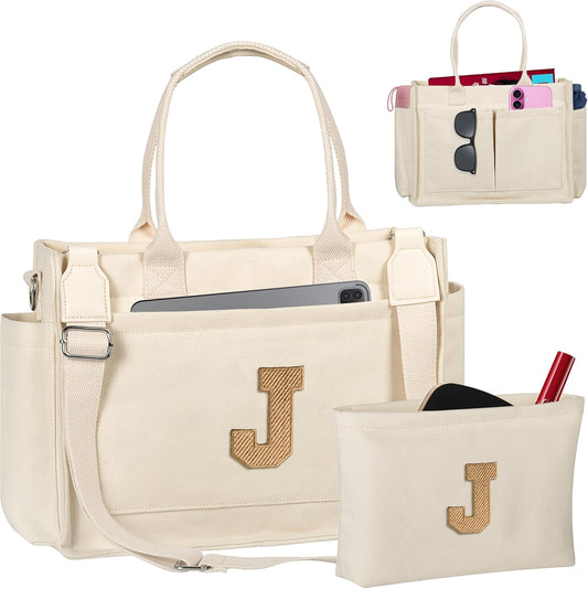 Gifts for Women Teen Girls, Initial Tote Bag with Zipper, Letter Canvas Tote Purse for College Work Laptop Beach