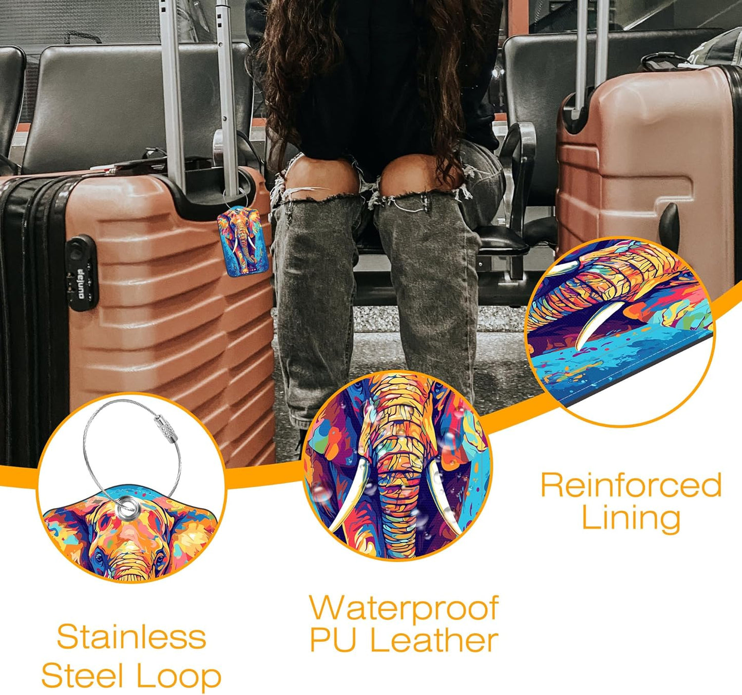 Luggage Tags for Suitcase 3 PCS Psychedelic Elephant Leather Travel Luggage Tag with Stainless Steel Loop Name ID Label Privacy Cover for Women Men Travel