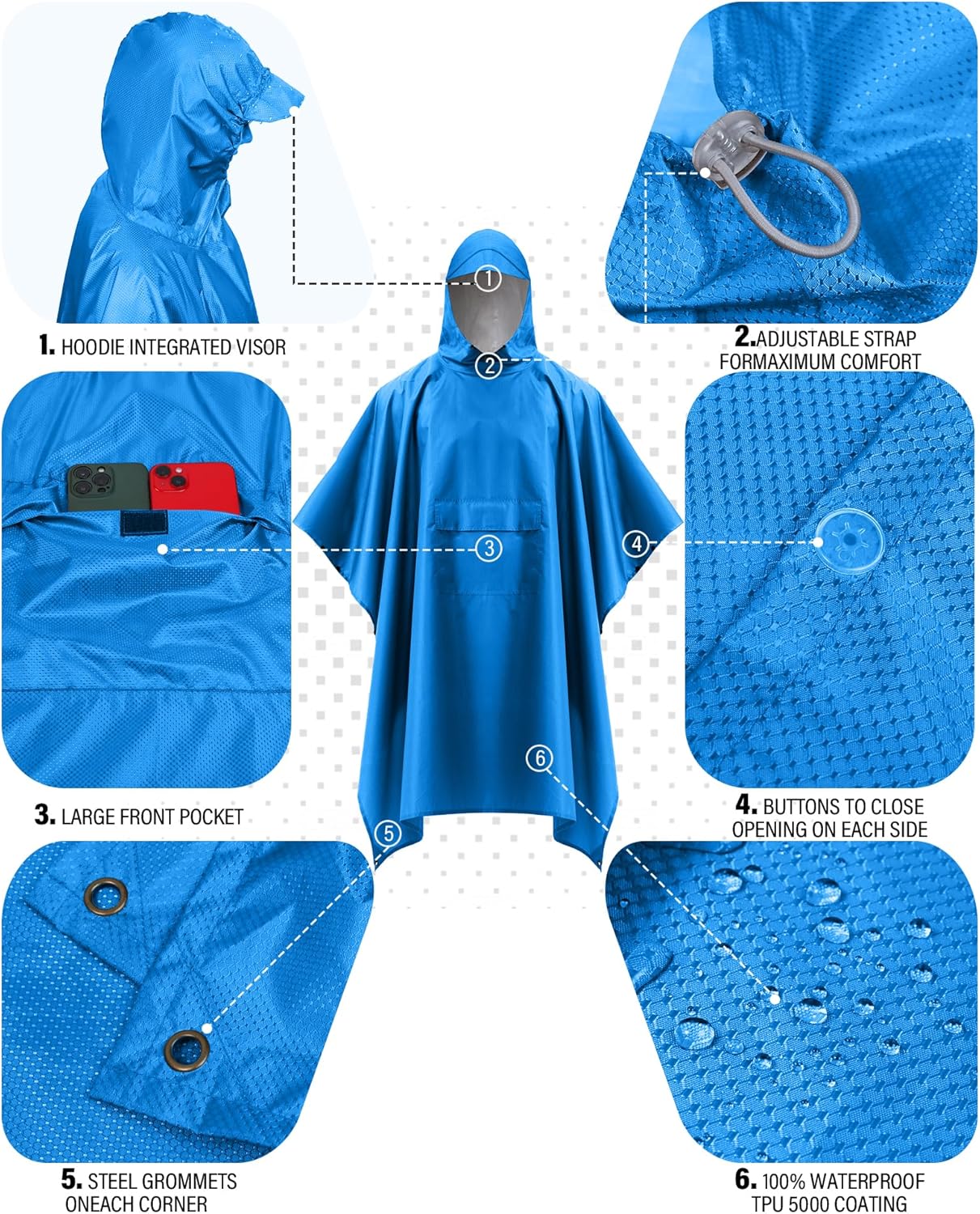 iCreek Hooded Rain Poncho Packable Unisex Raincoat Jacket with Pocket Waterproof Lightweight for