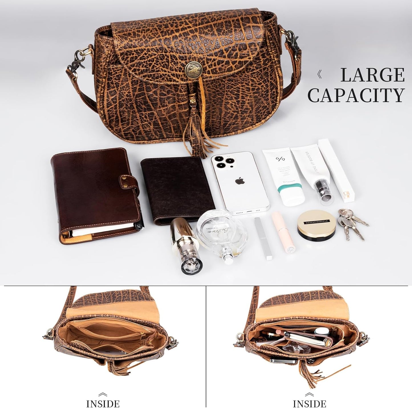 Gexmil Full Grain Leather Cross Body Bag for Women Men, Messenger Bag with Zipper Closure, Vintage Handmade Satchel