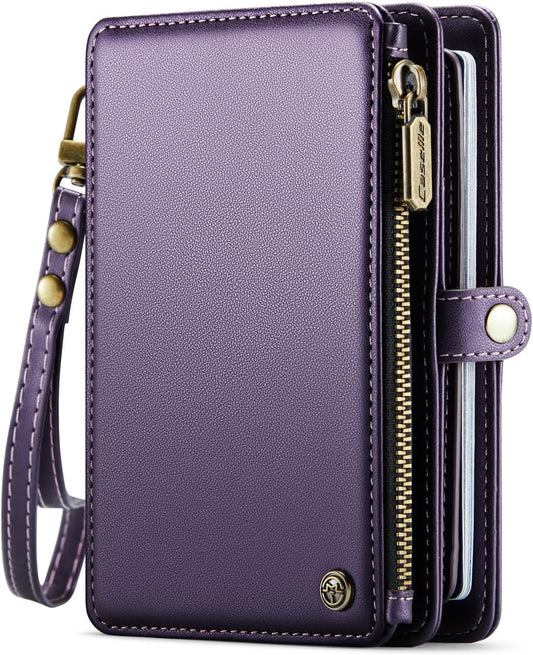 Passport Holder Wallet, 12 Card Slots RFID Blocking Travel Organizer, Zippered Coin Pocket & Detachable Wrist Strap Secure AMagnetic Closure Passport Case for Men & Women (Purple)