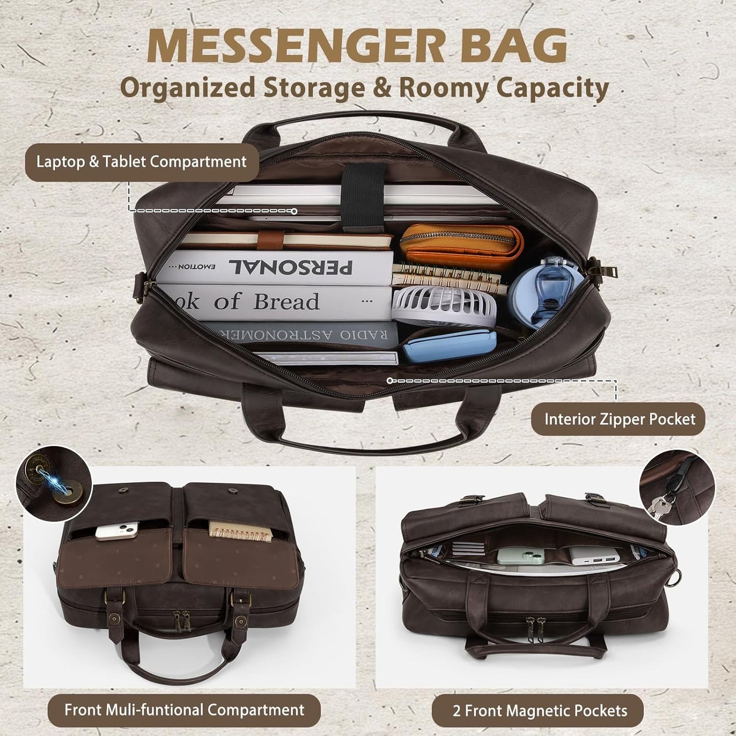 RAINSMORE Messenger Bag for Men 16 Inch Leather Laptop Bags Work Computer Briefcase Vintage Mens Satchel Shoulder Bag for Work, Office, Business, Travel, Coffee