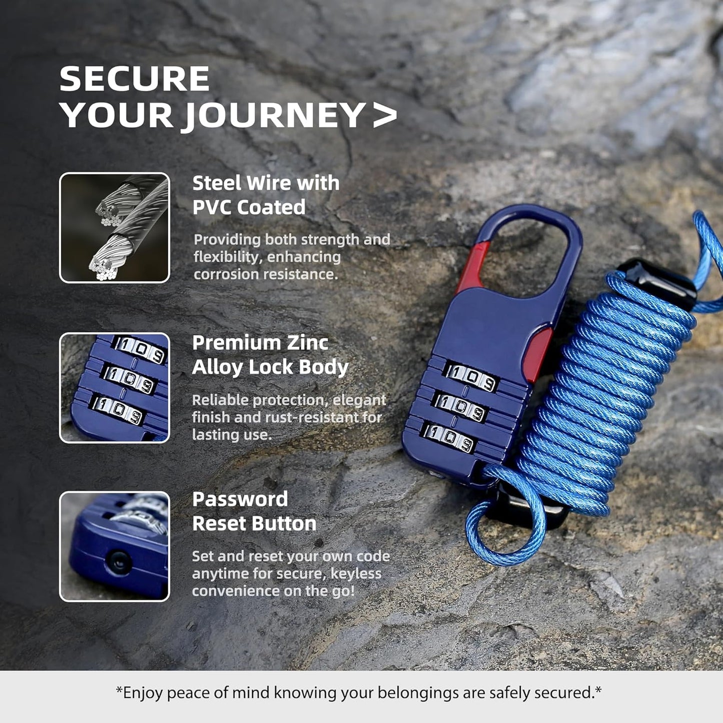 Thin Cable Locks with Combination, Small Bike Lock with Retractable Cable & Combo Padlock, for Travel Luggage, Suitcases, Backpack, Bags, Bicycle, Scooter, Motorcycle Helmet Anti Theft