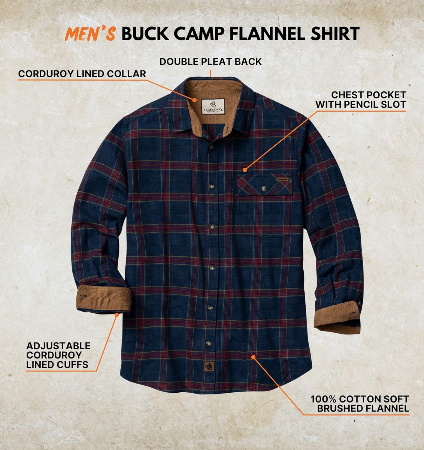 Legendary Whitetails Men's Flannel Shirt Long Sleeve Button Down 100% Cotton