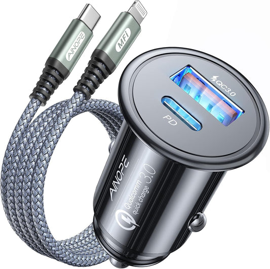 AINOPE 67.5W Super Mini Car Charger USB C 45W PD&QC 3.0 Fast Charging with C to Lighting Cable for iPhone 14 Pro Max 13 12 11, Samsung Galaxy S25, Android, All Metal Cigarette Lighter Adapter
