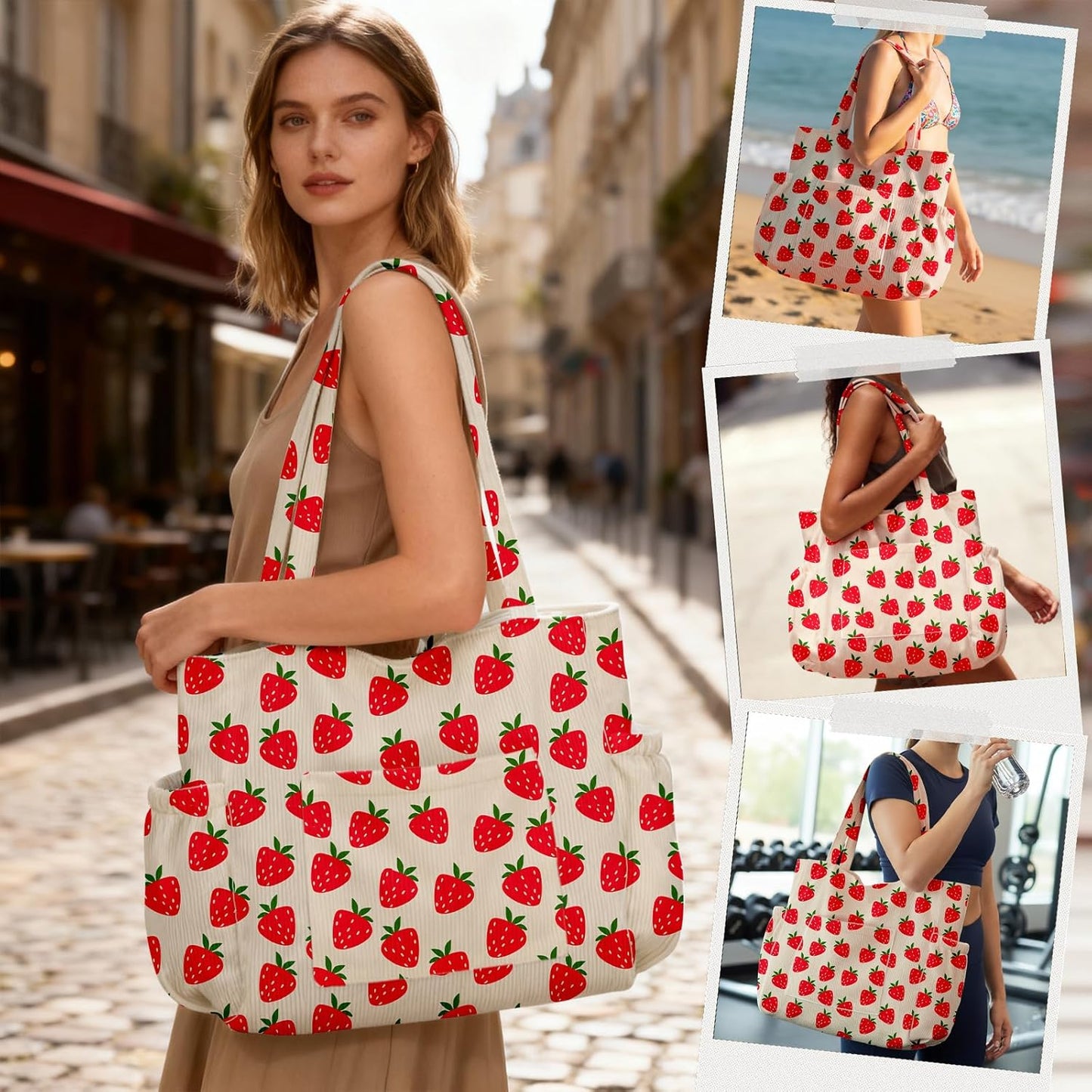 Corduroy Tote Bag for Women,Large Capacity Cute Tote Bags With 6 Pockets,Crossbody Shoulder Handbag for Work Travel Gym