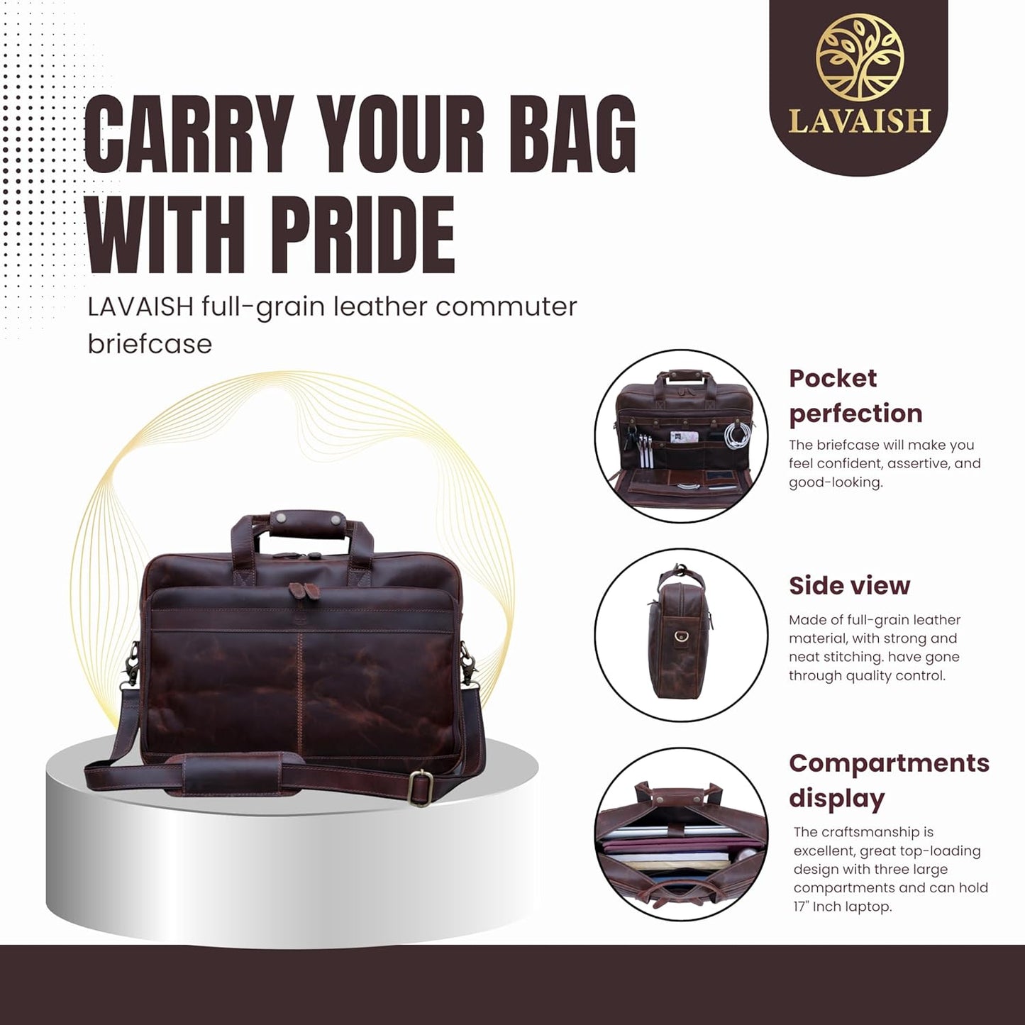 Handmade Full-Grain Leather Briefcase for Men & Women–17" Laptop Bag with Computer Compartment Office Satchel Bag