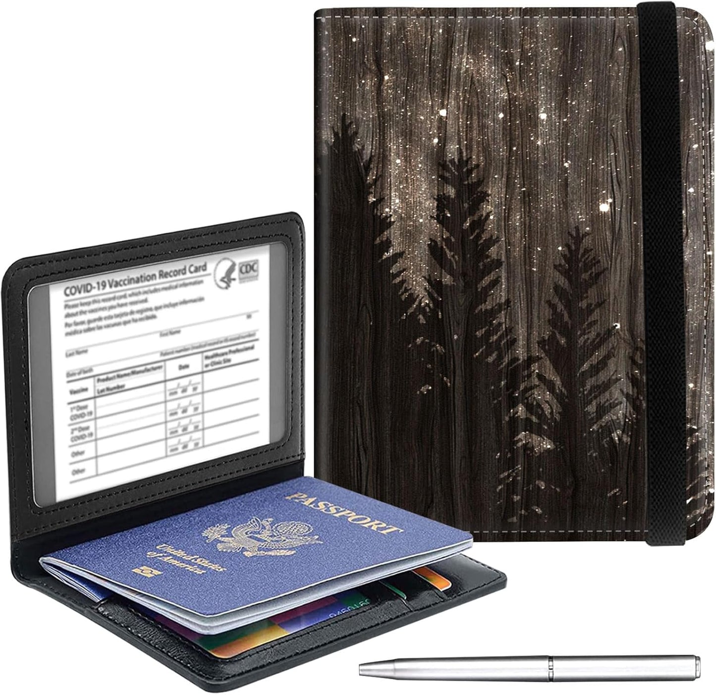 Passport Holder Cover Wallet Travel Essentials RFID Blocking Case Leather Passport Cover Wallet Vaccine Card Slot Organizer for Men Women, Woodgrain starry sky