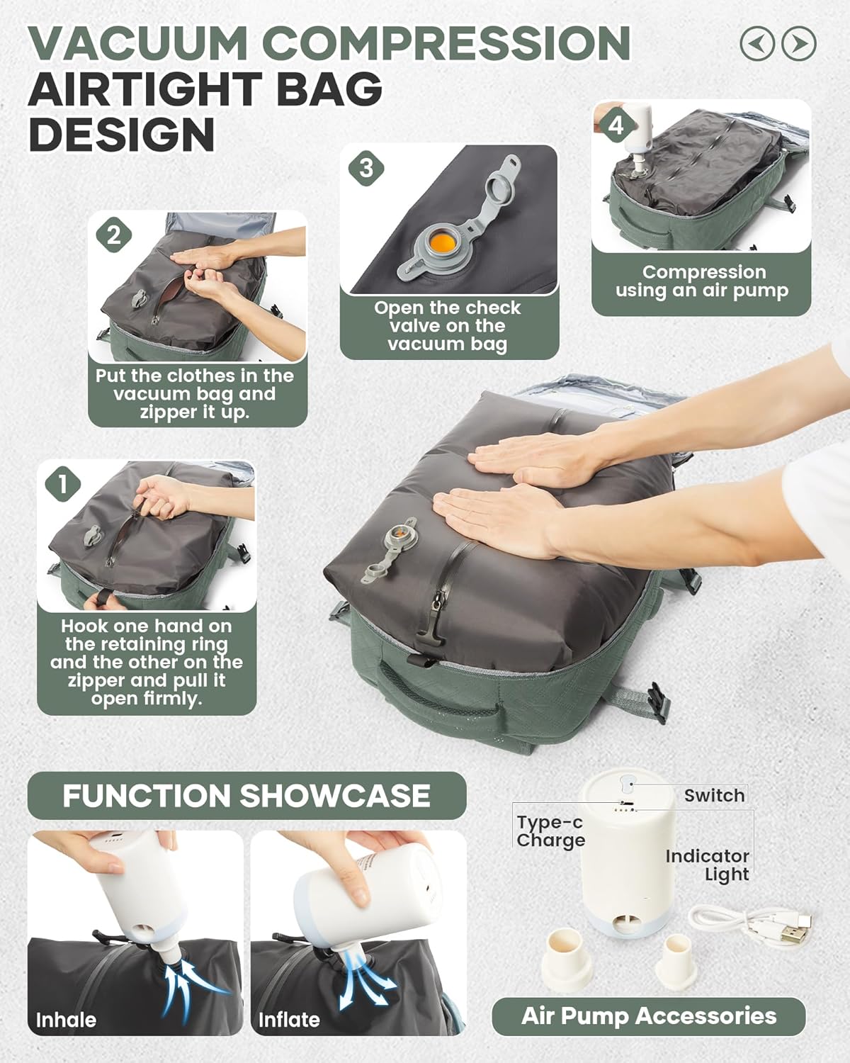 Travel Vacuum Storage Backpack with Air Pump Vacuum Seal Compression Space Saver Bags Clothing Vacpack 18x14x8 inches Travel Bag Carry on Personal item Laptop Work Backpacks Women DarkGreen