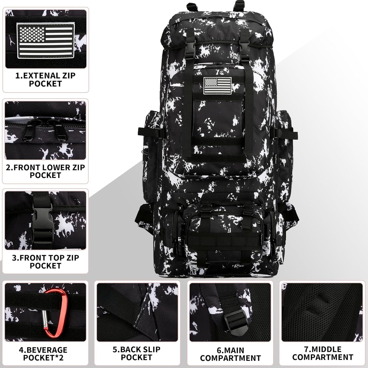 King'sGuard 100L Camping Hiking Backpack Molle Rucksack Military Camping Backpacking Daypack (Black