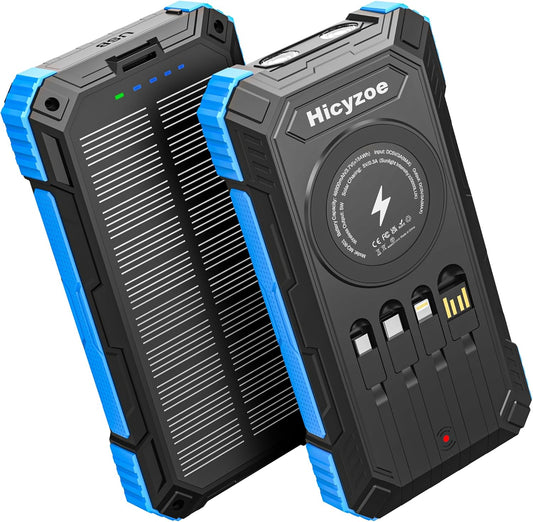Solar Charger Power Bank, 49800mAh Wireless Portable Phone Charger, 15W QC3.0 Fast Charging External Battery Pack with 4 Built-in Cables, USB-C in/Output, with Dual Flashlights for Outdoor (Blue)